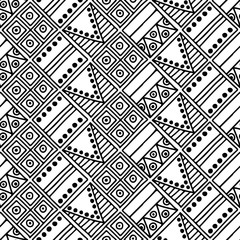 Seamless vector pattern. Black and white geometrical background with hand drawn decorative tribal elements. Print with ethnic, folk, traditional motifs. Graphic vector illustration.