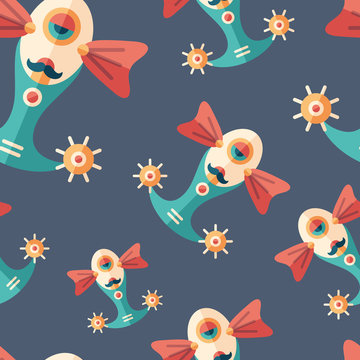 Robot fish flat icon seamless pattern. © Yury Velikanov