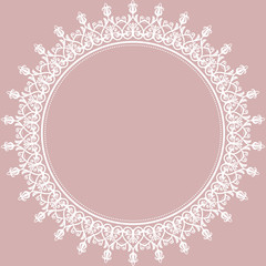 Oriental white round frame with arabesques and floral elements. Floral fine border. Greeting card with place for text