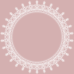 Oriental white round frame with arabesques and floral elements. Floral fine border. Greeting card with place for text