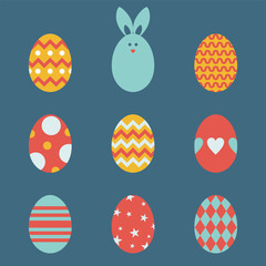 Easter greeting card. Set of multicolor Easter eggs  and Easter bunny on blue background. Vector illustration