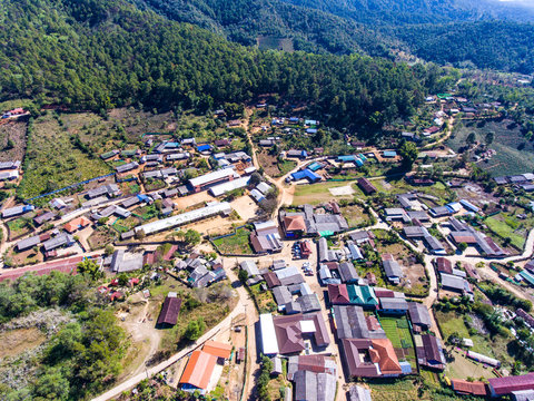 Aerial view of  Tribe vollage and lake on the mountain