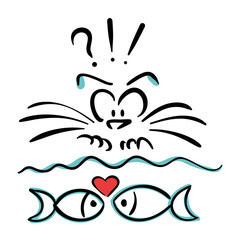 Surprised cat looking at fish