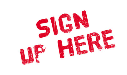 Sign Up Here rubber stamp. Grunge design with dust scratches. Effects can be easily removed for a clean, crisp look. Color is easily changed.