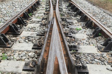 Fototapeta na wymiar railway track on gravel for train transportation: Select focus with shallow depth of field :