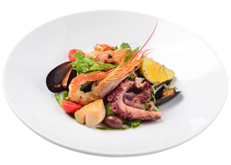 salad with seafood and tomatoes, and a duo of sauces, isolated