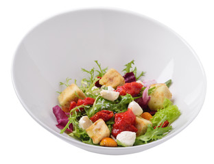 Burrata salad with eggplant and tomato jam, isolated.