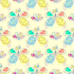 Vector seamless pattern with insect Hand drawn outline decorative endless background with cute drawn butterfly, flowers Graphic illustration. Line drawing. Print for wrapping, background, decor