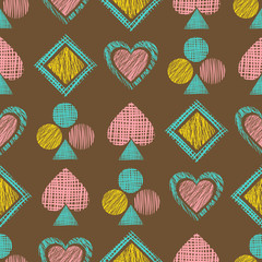 Seamless vector geometrical pattern with icons of playing cards. background with hand drawn textured geometric figures. Pastel Graphic illustration Template for wrapping, web backgrounds, wallpaper