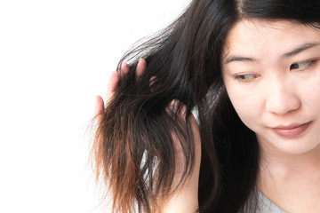 Woman serious damaged hair problem for health care shampoo and beauty product concept