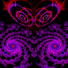 Abstract fractal background with circular shapes and scalloped spirals. Pink, red and purple  glowing fractal pattern on a black background