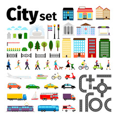 City elements isolated on white background. Urban transport and roads, buildings people life vector illustration