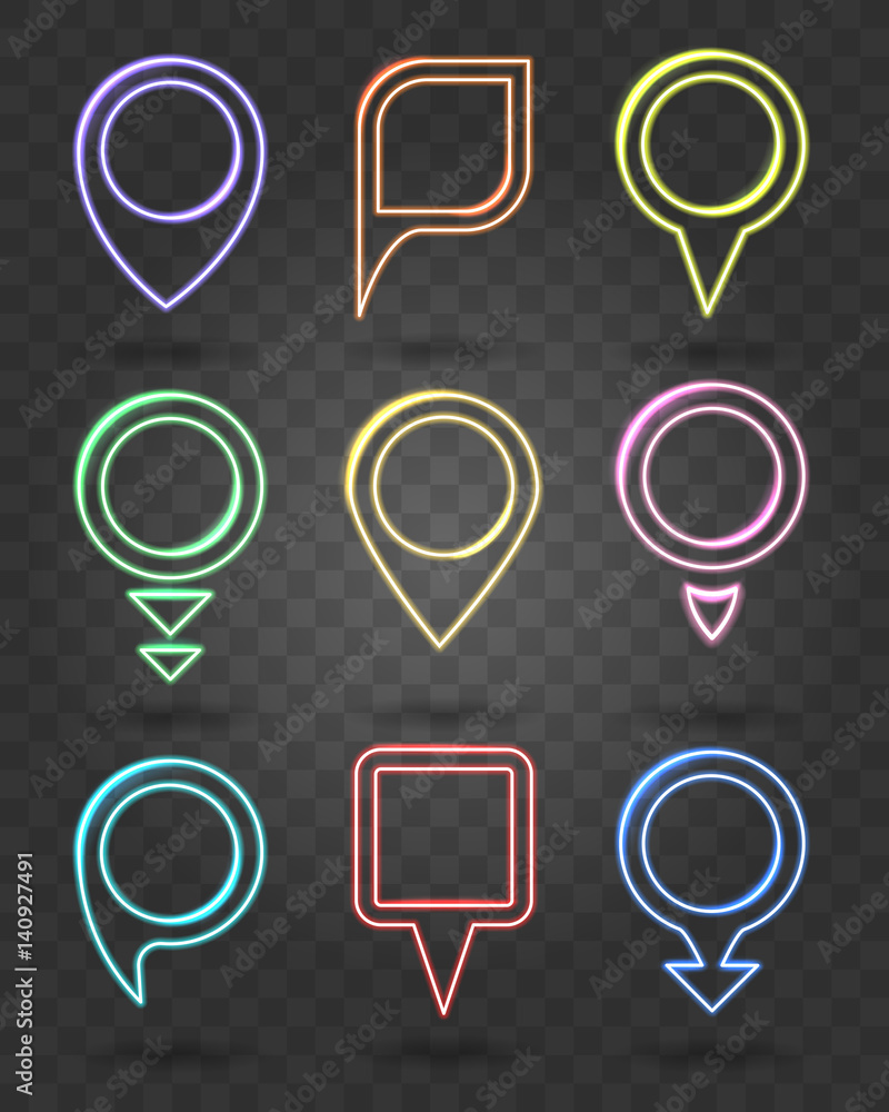 Poster map pin neon signs. vector illuminated frames for place points