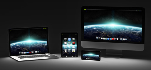 Dark modern computer laptop mobile phone and tablet 3D rendering