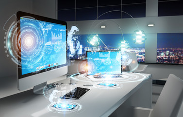 Workplace with modern devices and hologram screens 3D rendering