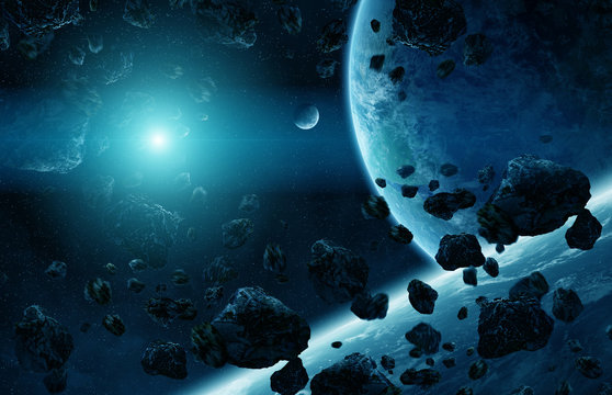 Distant planet system in space 3D rendering