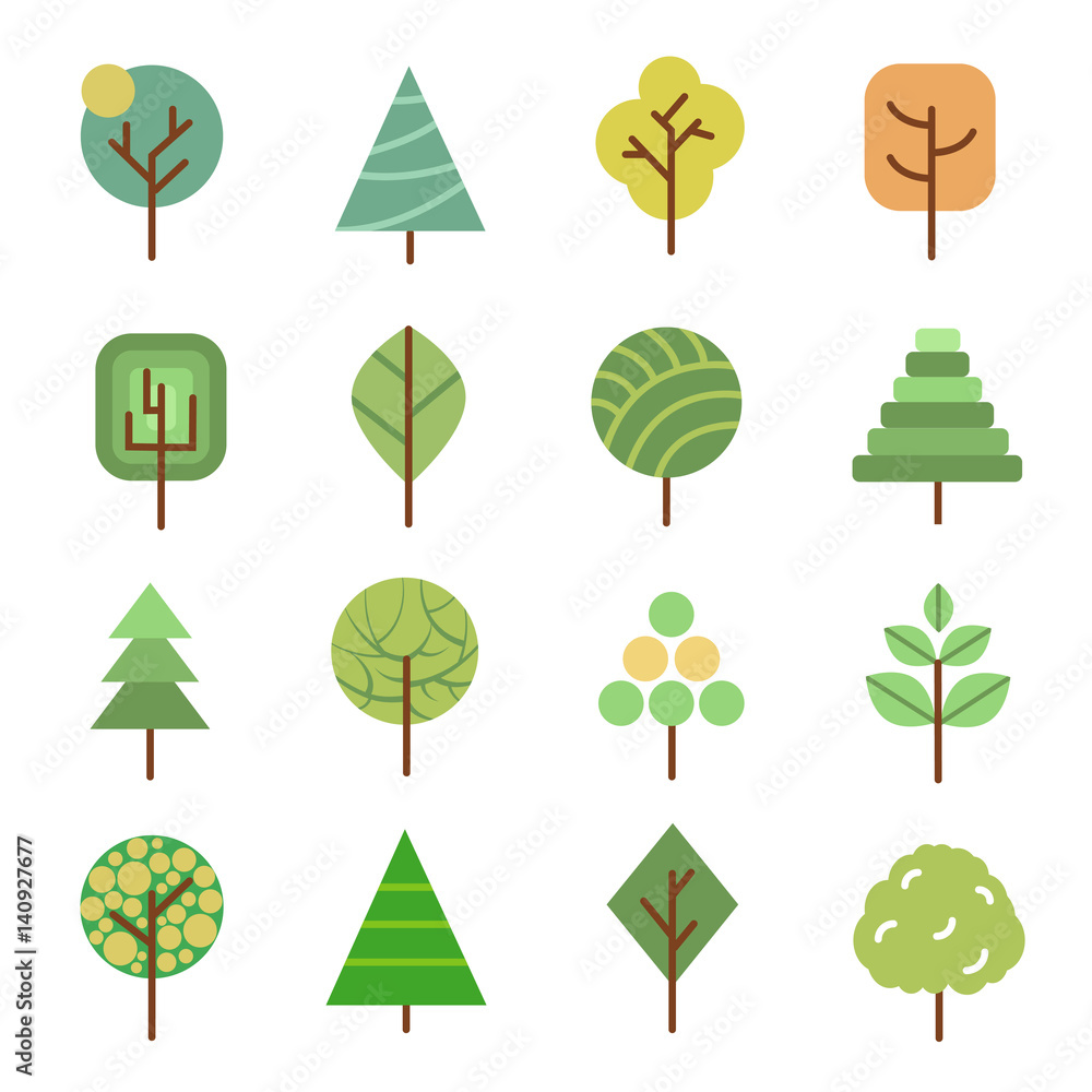 Poster linear flat vector trees. nature forest design icons with geometric shapes