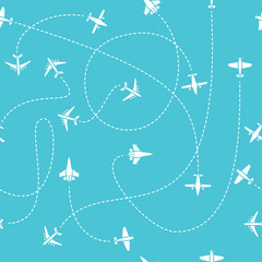 Plane travel seamless pattern. World travelling blue endless vector background with dashed path lines