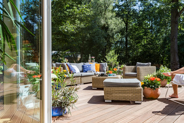 Villa terrace with rattan furniture