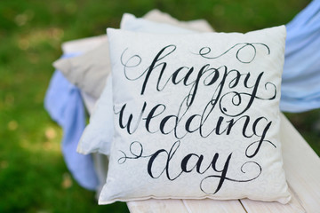 Wedding decor, pillow with calligraphy.
