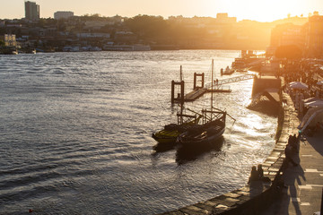 Douro river and Ribeira at sunset, Porto, Portugal.