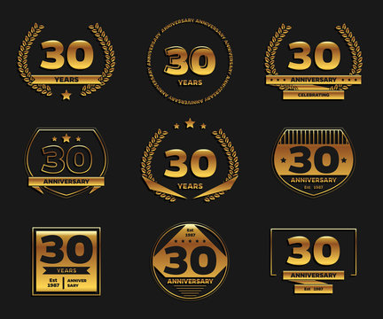 Thirty years anniversary celebration logotype. 30th anniversary gold logo set.
