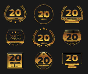 Naklejka premium Twenty years anniversary celebration logotype. 20th anniversary gold logo set.