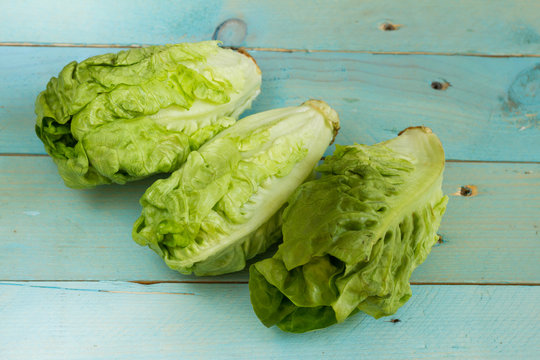 Romaine lettuce, isolated. Blue wooden table.