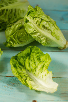 Romaine lettuce, isolated. Blue wooden table.