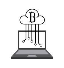 laptop and cloud with bitcoin icon over white background. vector illustration