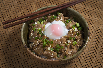Japanese food rice with slice pork and egg, Butadon