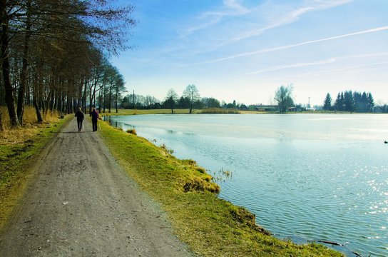 Cycling and hiking trail around pond Rosnicka belongs to the sports and recreation complex called Brand. Svitavy, Pardubice region, Czech Republic.