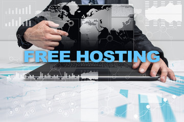 Businessman presenting free hosting concept.