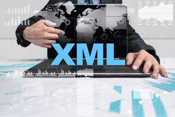 Businessman presenting xml concept.