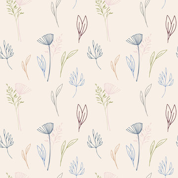 Vector floral seamless pattern with stylized dill or fennel flower, leaves and  grass.