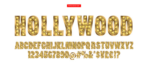 Hollywood. Color Golden alphabet with show lamps.