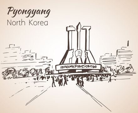 Pyongyang city sketch.  The Worker’s Party Monument. North Korea.