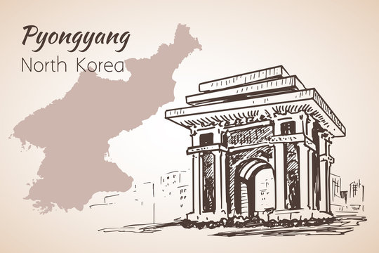 Pyongyang city sketch. North Korea. Arch of Triumph Pyongyang, North Korea.