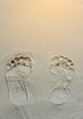 a pair of human footprints on the sand. Summertime period. Seaside photo. Background of footprints