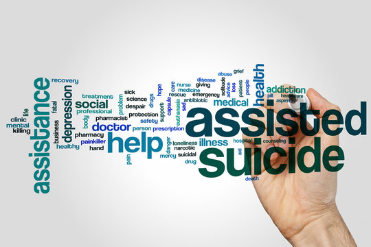 Assisted Suicide Word Cloud Concept On Grey Background