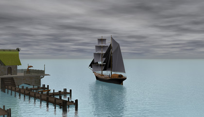 Fototapeta na wymiar 3d rendering of an old ship early in morning leaving dock