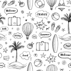 Vector seamless pattern of hand drawn travel doodle. Tourism and summer sketch with travelling elements and speech bubbles