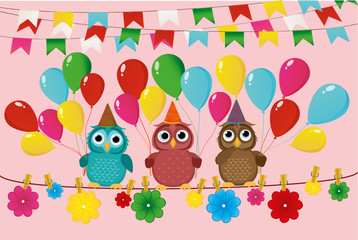 Obraz premium Three lovely owls sit on a rope and hold balloons. Birthday. 