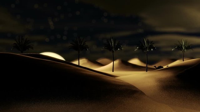 twenty four hours loop animation in the Arabian desert Sahara with camels moving palm trees moon and sun showing and fading with color change 3d rendering 