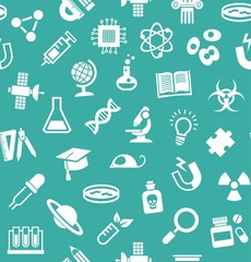 Science, background, seamless, blue-green, vector.  White flat icons on a blue-green field. Different types of scientific activities. Colored background.  
