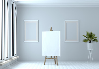 3d illustration of a wooden easel with a blank canvas. Mock up. Artist's Workshop