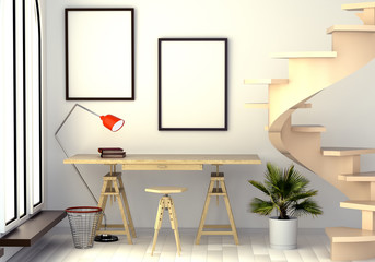 3d illustration of abstract interior with a work desk, a floor lamp, a window and a spiral