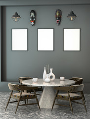 Abstract 3d interior of the cafe with a round table. Mock up with table, chairs, cups, mask and empty frame