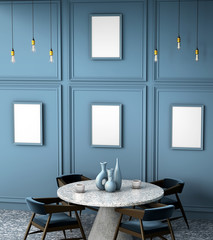 3d interior of the cafe with a granite round table. Mock up with a table, chairs, cups and empty frame