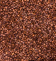 Coffee beans background. Texture. Roasted Arabic coffee. top view.